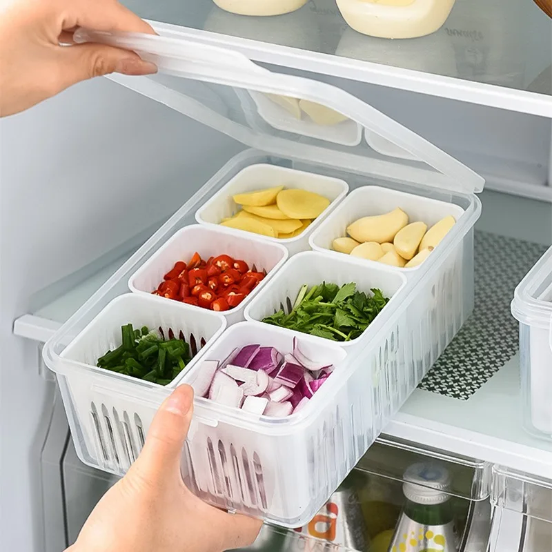 

4/6 Box Clear Drain Fridge Vegetable Storage Grid Basket Food Crisper Onion Ginger Refrigerator Box Organizer Meat Fruit Storage