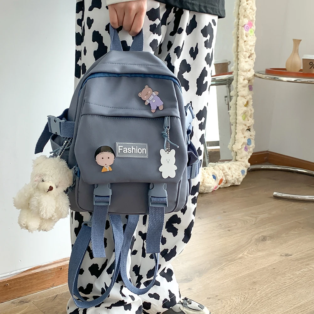 

Women Preppy Style Solid Color Nylon Backpack Fashion Students Knapsack with Pendants Student School Travel Small Backpacks