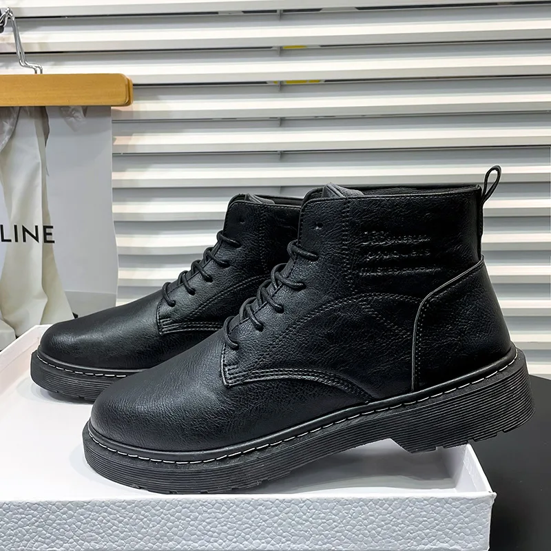 

Black Leather Men Boots Lace Up Platform Ankle Boots Street Style High Tops Casual Shoes Fashion Boots for Men