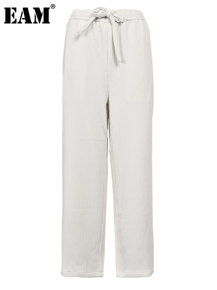

[EAM] High Elastic Waist White Drawstring Long Wide Leg Pants New Loose Fit Trousers Women Fashion Tide Spring Autumn 2023