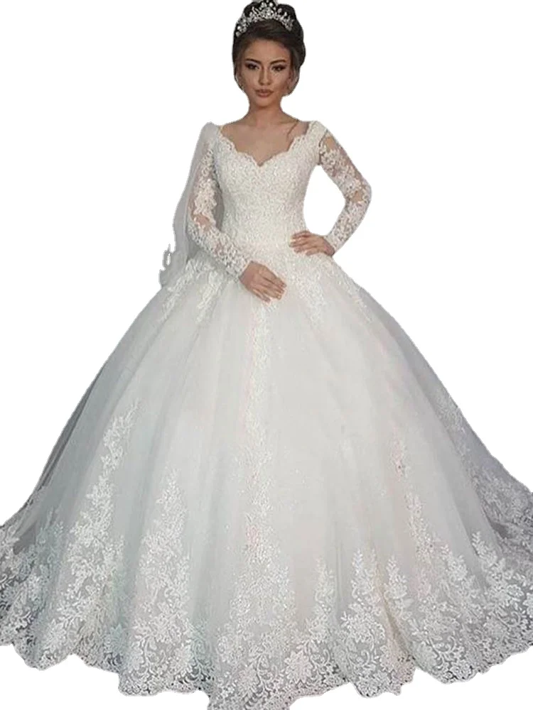 

New Romantic V-neck Elegant Princess Wedding Dress Long Sleeves Appliques Celebrity Ball Gown vestido De Noiva