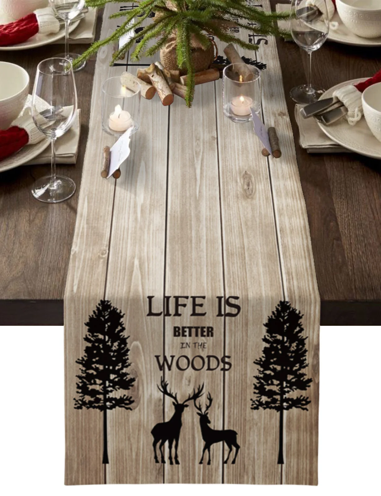 

Wood Grain Winter Deer Pine Tree Silhouette Table Runner Home Wedding Banquet Festival Party Hotel Table Decoration Table Cover