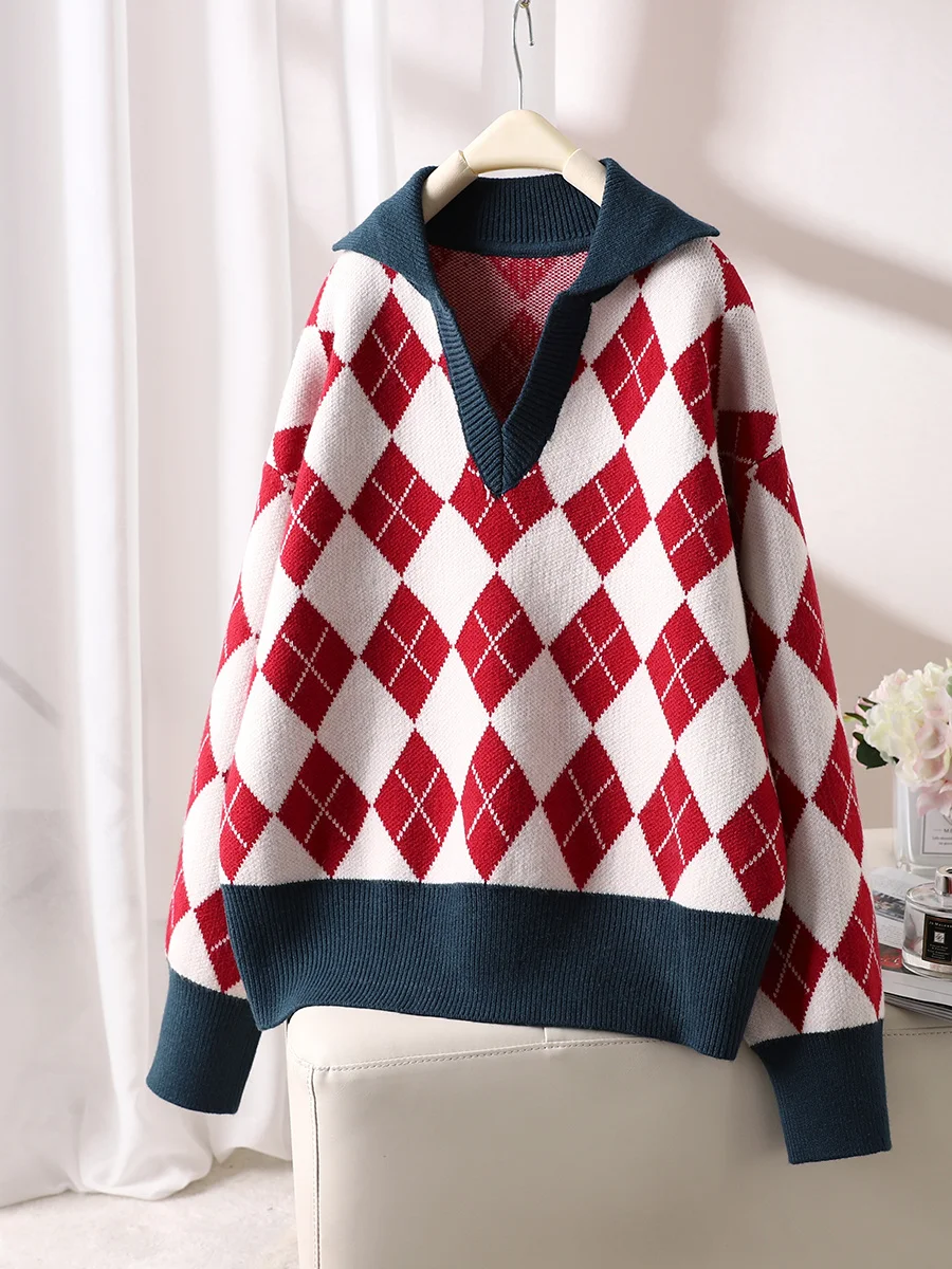 

Soxu 22 autumn and winter new lapel diamond plaid fashion knitwear women's long sleeve art age reducing college style sweater