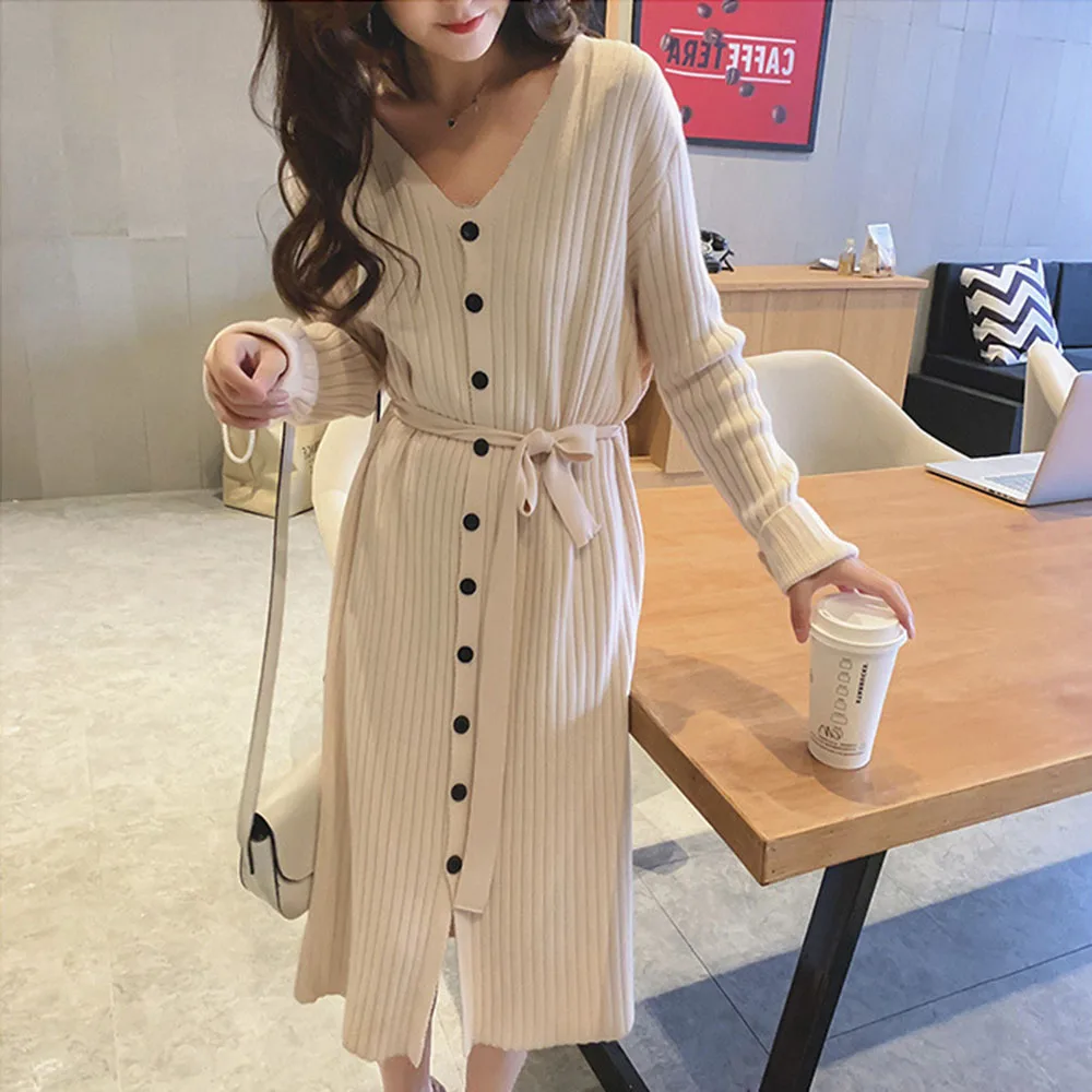 

Эластичное вязаное платье, облегающее женское осенне-зимнее элегантное однотонное облегающее платье с длинным рукавом, корейское модное п...