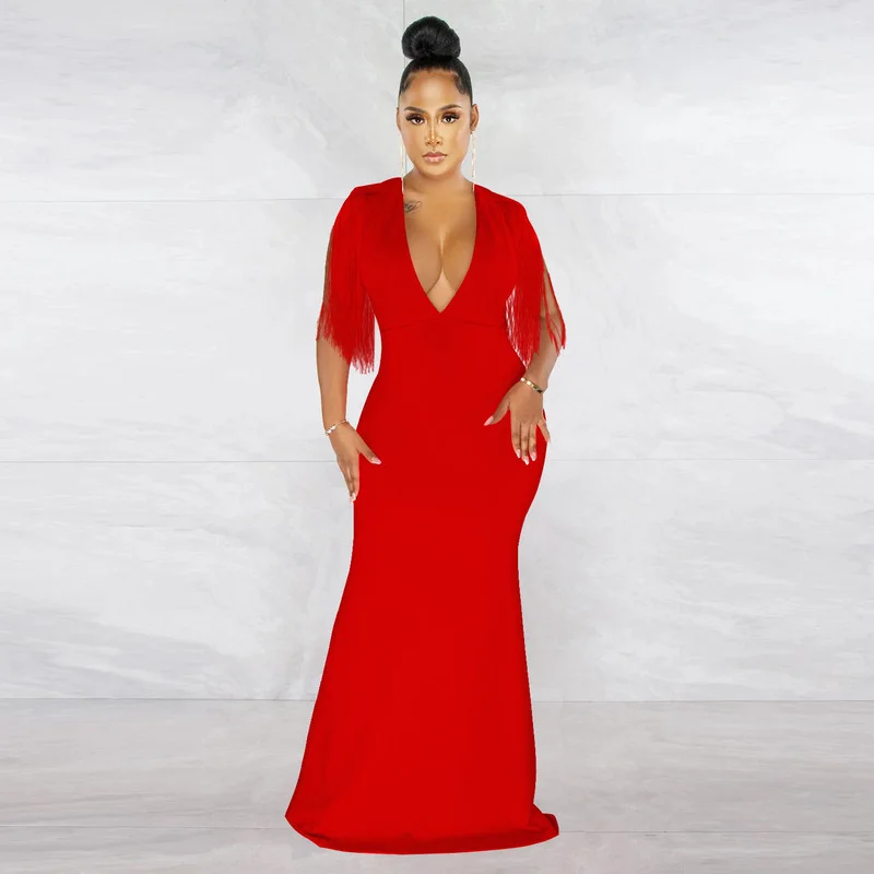 

WUHE Autumn Deep V-neck Tassel Sleeve High Waisst Mermaid Maxi Dress Women Sexy Night Party Club Long Dresses Vestido Feminino