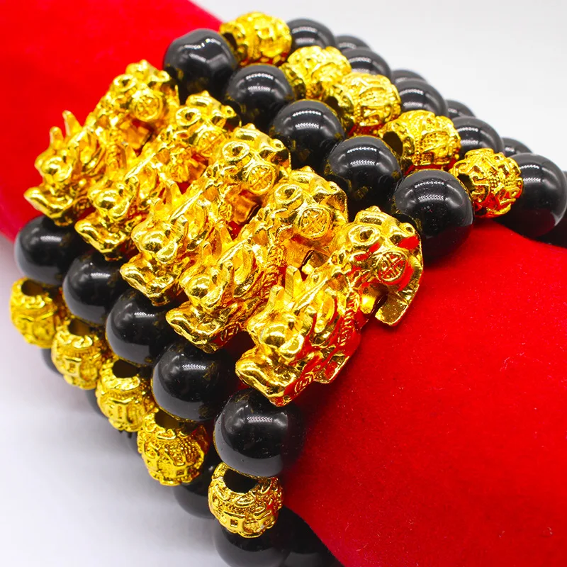 

12 Cm Six-character Mantra Gold Beads Imitation Obsidian Gold-plated Pixiu Bracelet Large Pichu Bracelet Ethnic Style Jewelry