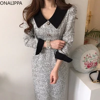 onalippa women long tweed dress autumn retro temperament contrast color lapel pleated lace waist thinner thicker dresses female