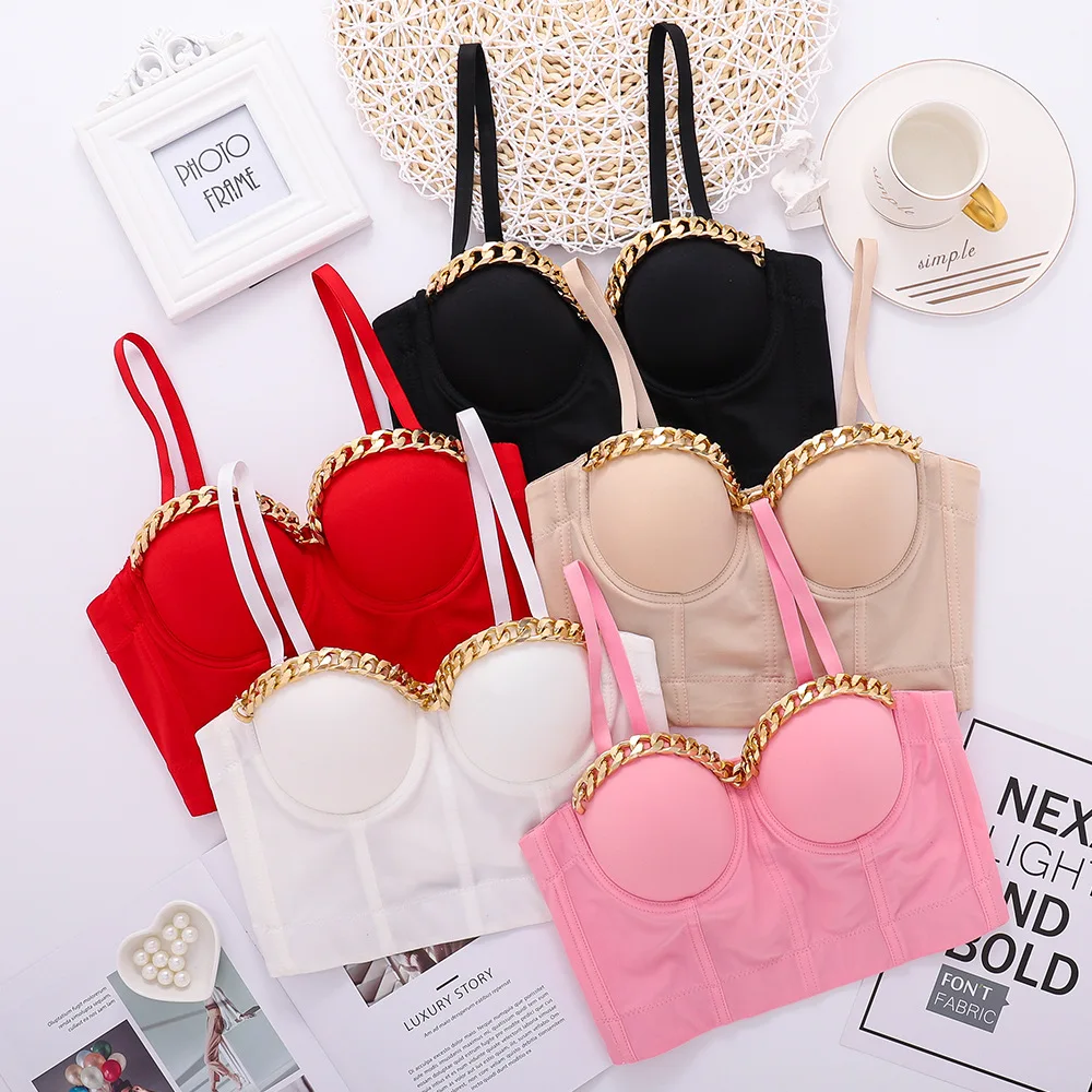 

Fashion Gold-Plated Chain Corset Top Nightclub Sexy Design Ballroom Costume Stage Party Club Push Up Bustier Crop Top Corset