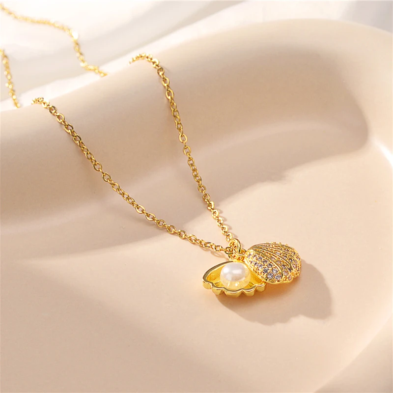 

316L Stainless Steel New Romantic Zircon Pearl Shell Pendant Necklace Chain For Women Gift Fashion Jewelry Wholesale