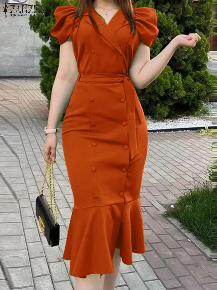 

ZANZEA Elegant OL Mermaid Dress Women Fashion Slim Suit Dress Summer Chic Puff Sleeve Belted Midi Vestidos Notched Collar Robes