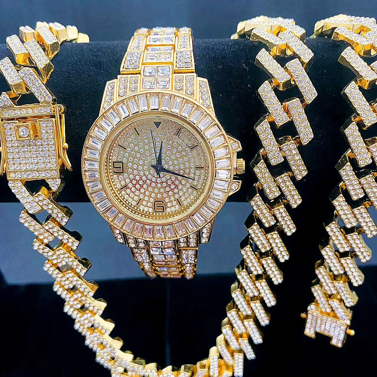 3PCS Men's Iced Out Chain Necklace Bracelet Watch Men Hip Hop 15MM Studded Large Heavy Gold Cuban Link Jewelry Set Women Gift