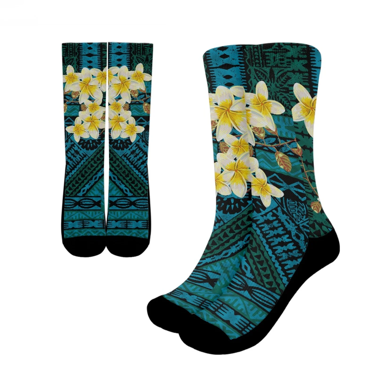 

Polynesian Tribal Tongan Totem Tattoo Tonga Prints Skin-Friendly And Breathable Crew Sock Soft Keep Warm Plumeria Mid-Tube Socks