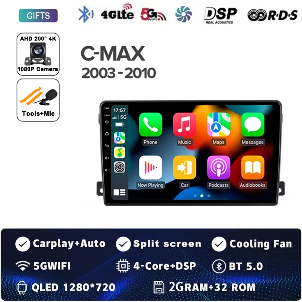 

Для Ford C-MAX 2003-2010 Android 14 Carplay Авто Радио Мультимедийный Видеоплеер Навигация GPS Без 2Din 2 Din DVD DSP 4G