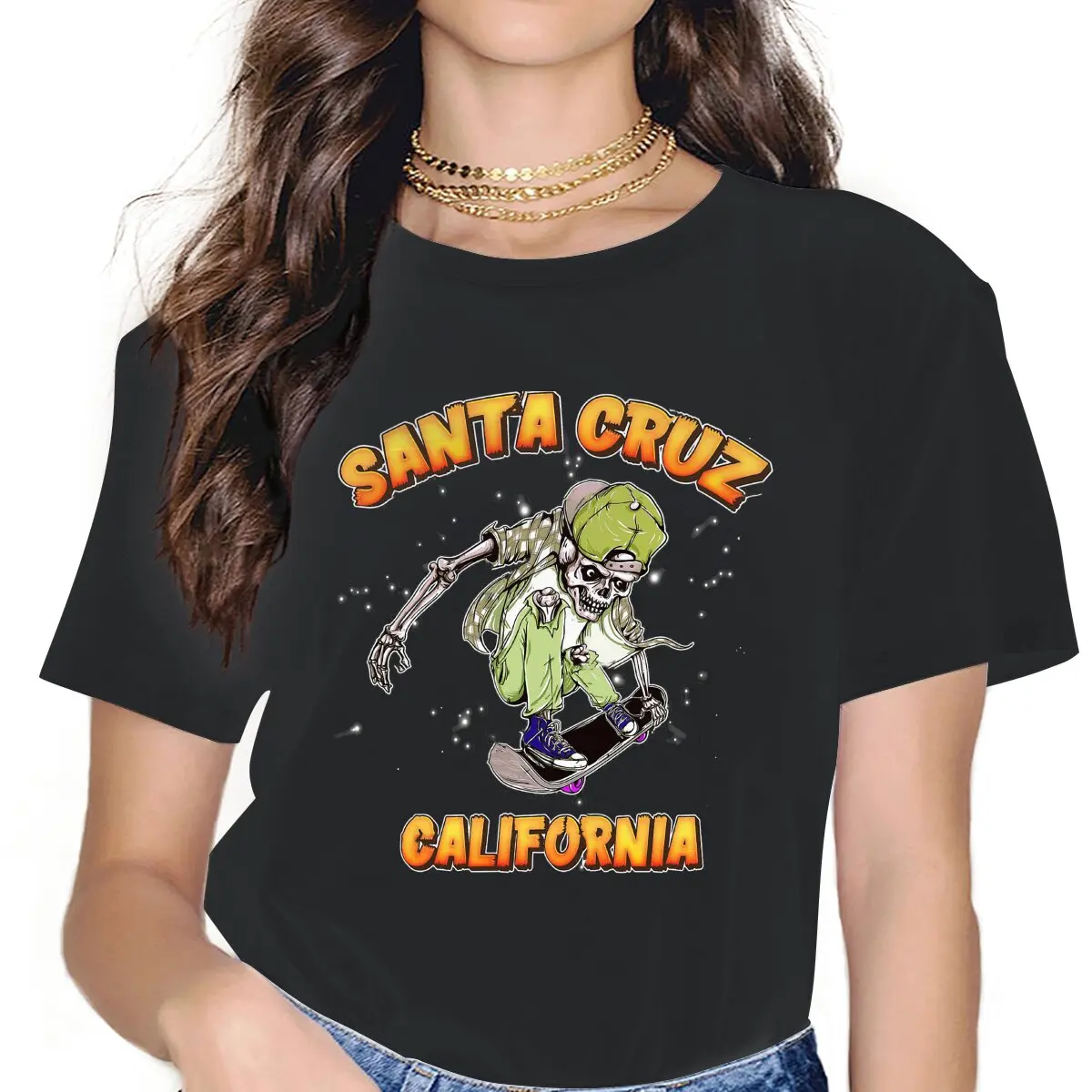 Women's CA Skeleton Skater Skateboarder T Shirts Santa Bike 