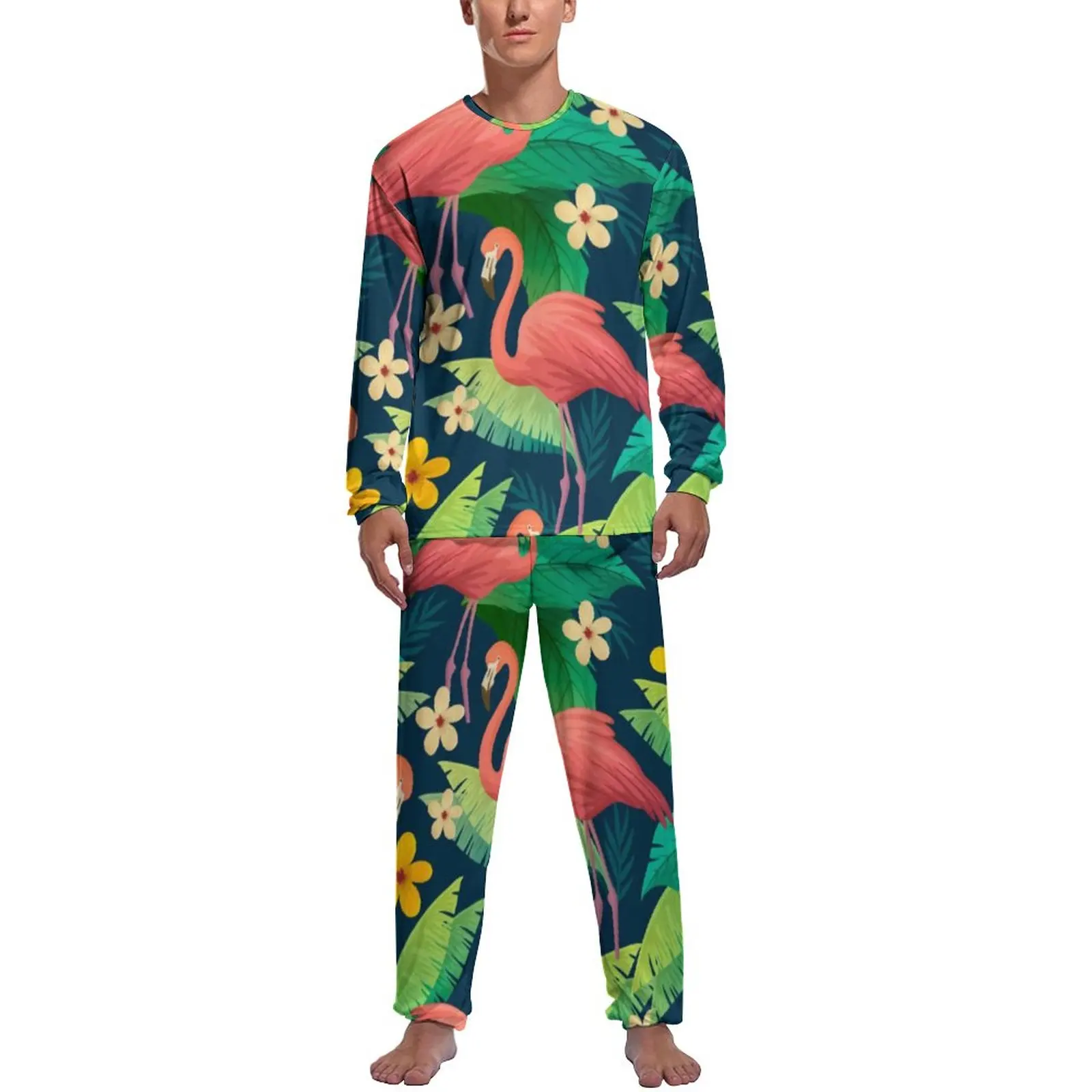

Tropical Flamingo Pajamas Autumn Two Piece Green Leaves Print Cool Pajama Sets Man Long Sleeve Casual Graphic Sleepwear