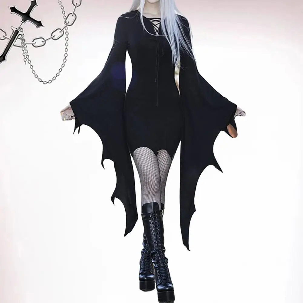 

Cosplay Costume Dress Dark Style Halloween Dress with Batwing Sleeves Irregular Cuff Lace-up Detail Slim Fit Cosplay for Party