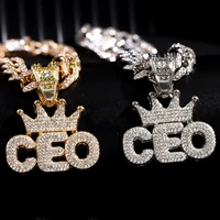 men women hip hop iced out crown ceo letter pendant necklace with 13mm cuban link chain necklace fashion 2022 charm jewelry