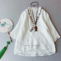 2022 flower embroidery qipao traditional chinese vest shirt tops women oriental linen shirt blouse female cheongsam tang suit