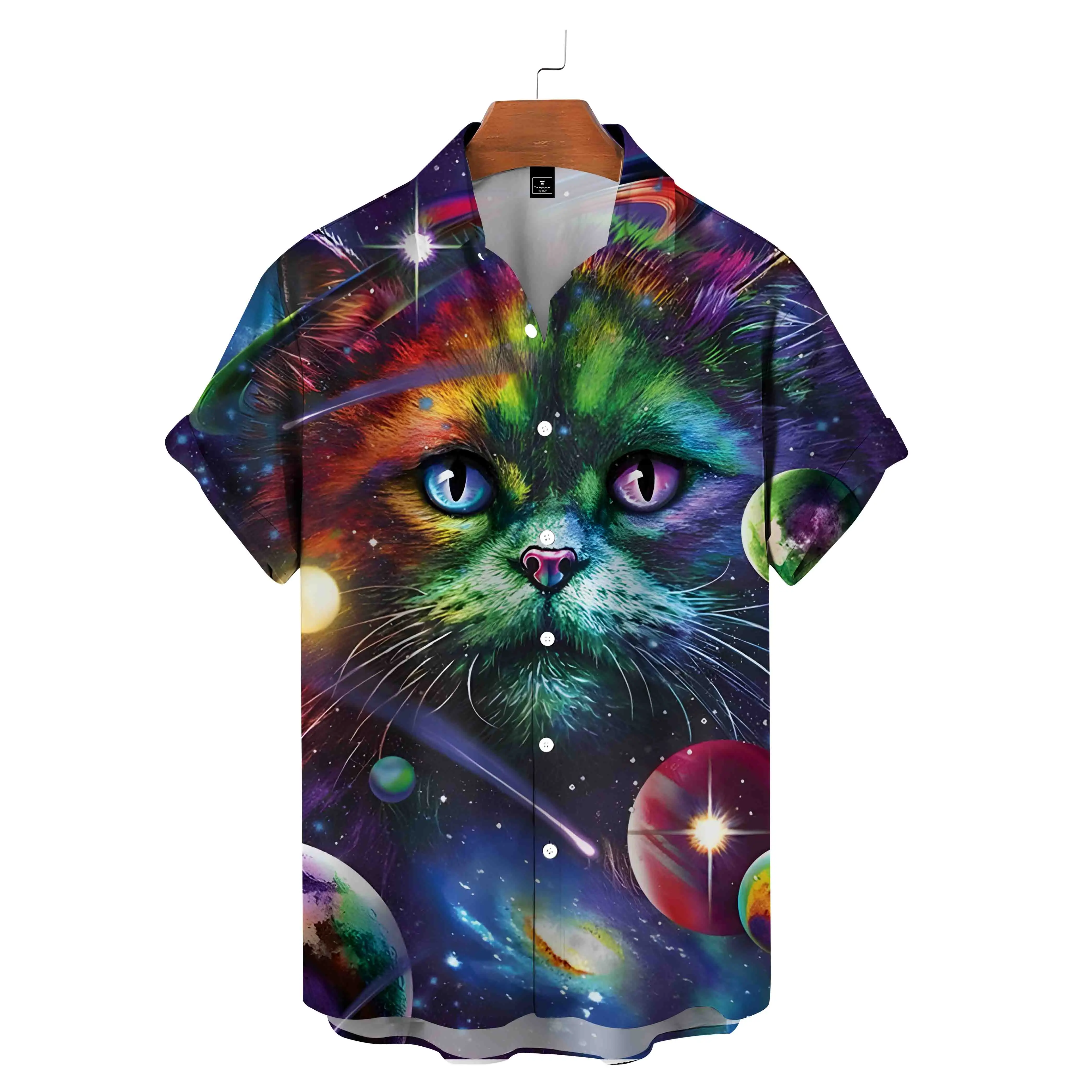 2023 Cat Pattern Shirt Starry Sky Short Sleeve Shirt Summer Casual Shirt Men US Size Beach Shirt Space Cat Shirt Button Shirt