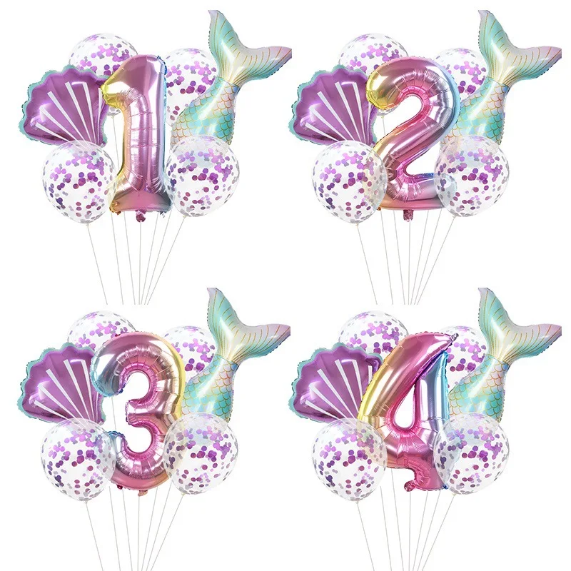 

1set Cute Little Mermaid Party Foil Balloons Sets 32inch Number Balloon For Wedding Birthday Decoration Mermaid Tail Shell Balon