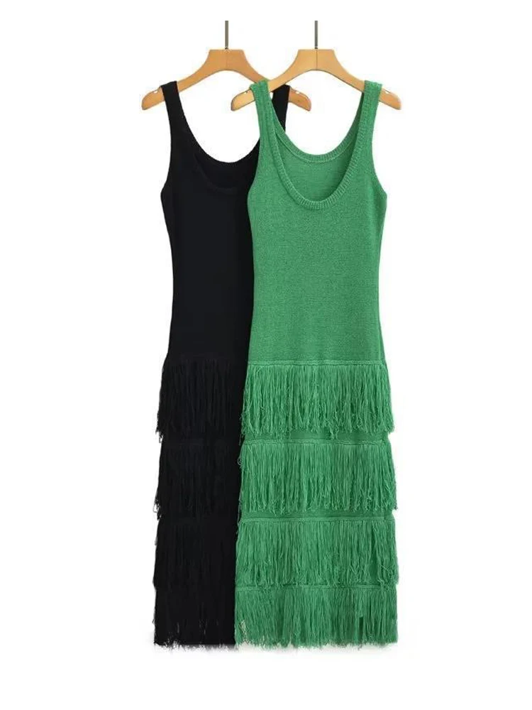 

Летнее трикотажное платье-миди без рукавов с кисточками, женские зеленые черные облегающие платья стрейч