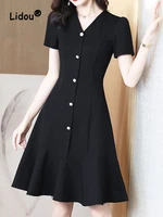 elegance fashion single breasted dress women 2022 new summer short sleeve office lady solid color v neck comfortable midi dress