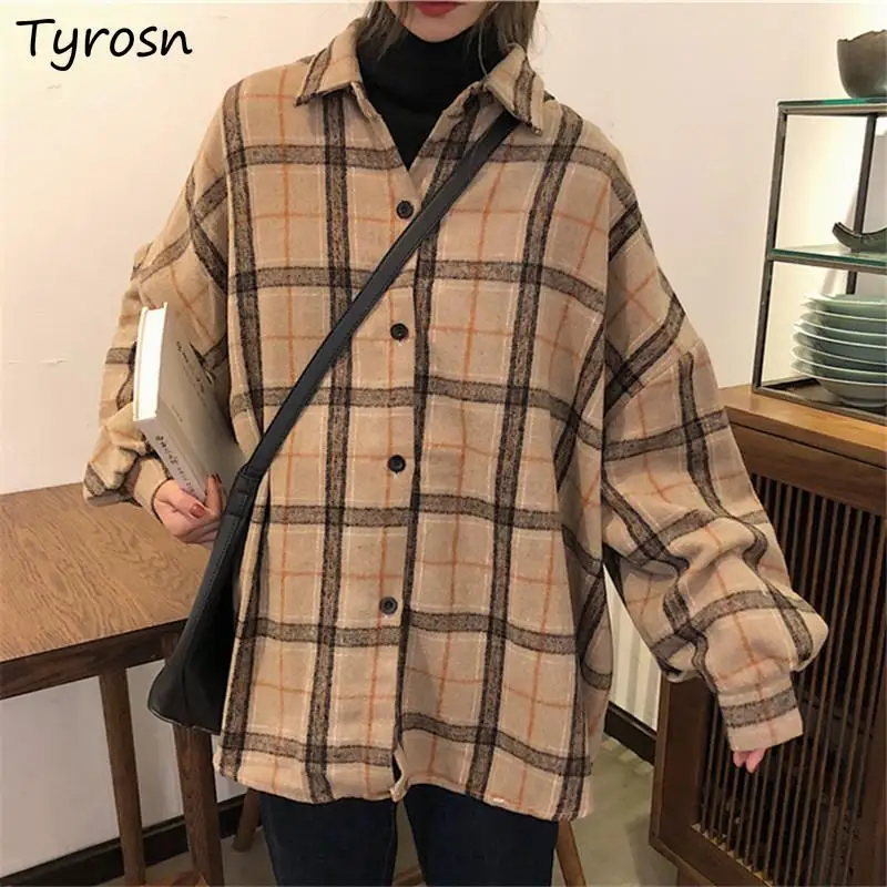 

Plaid Shirts Women Batwing Sleeve Fashion Leisure Classic Retro Bf Ulzzang Thickening Warm Harajuku High Street New Aesthetic