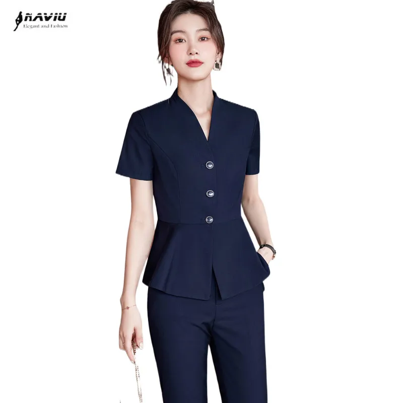 Navy Blue Short Sleeve Suits Women Summer New OL Professonal Formal Slim Fashion Blazer And Pants Office Ladies Work Wear Black