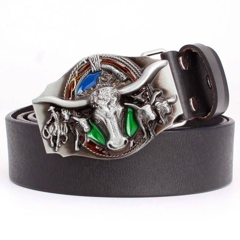 

Fashion Women & Men Leather Belt Cowboy Style Cowskin Genuine Leather Western Cowboy Belt Cow Bull Head Pattern