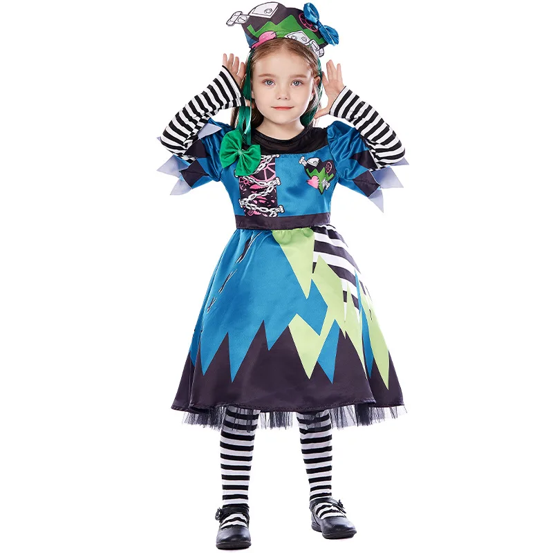 

Children Girls Ghost Scientific Monsters Assemble Zombies Dress Headwear Set Kids Halloween Cosplay Costumes Role Play Outfit
