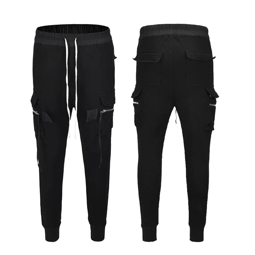 Men's Hip Hop Pants Large Pocket Zipper Loose Casual Hip Hop Clothes Pants Solid Color Pants Male Streetwear Black Pants