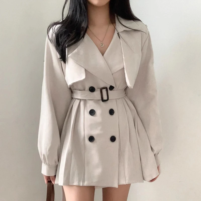 

SuperAen Korean Chic Retro Suit Collar Double Breasted Tie Up Waist Pleated Trench Coat Jacket for Women
