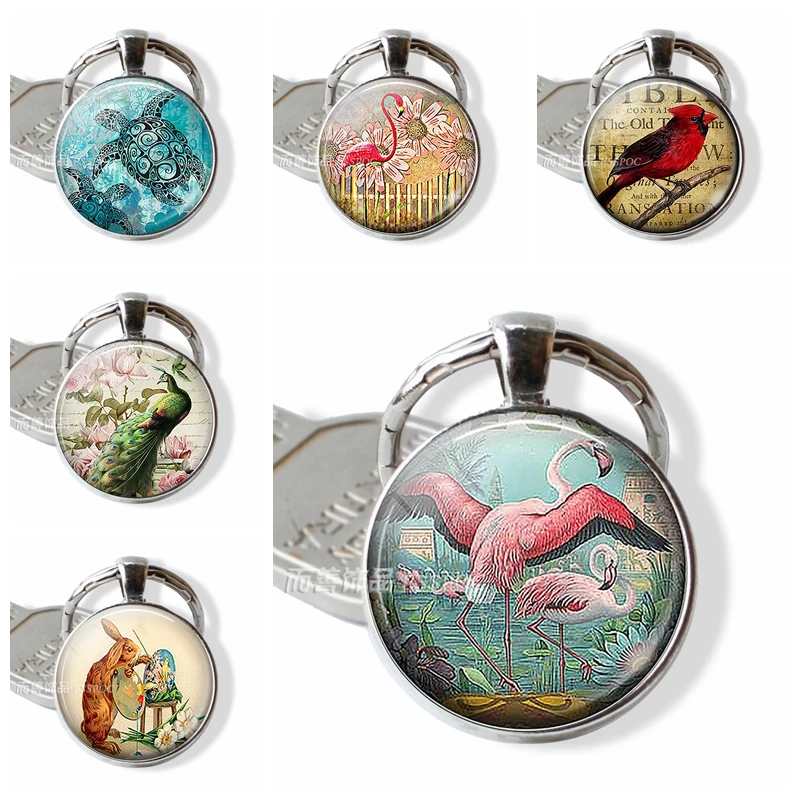 

Fashion Red Charm Flamingo Garden Glass Dome Cabochon Pendant Keychain Snowy Bejeweled Animal Keyring Silvery Bird Accessories