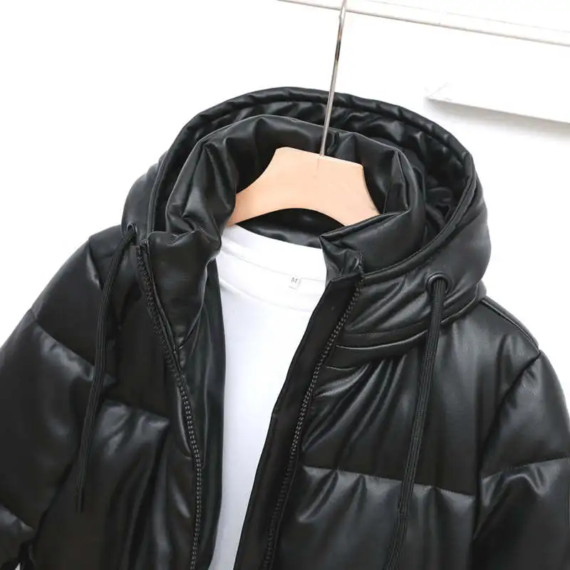 Women Fashion Black Warm Quilted Coats Cotton Padded Jackets Hooded Waterproof Faux PU Leather Long Winter Jacket Outwear Loose