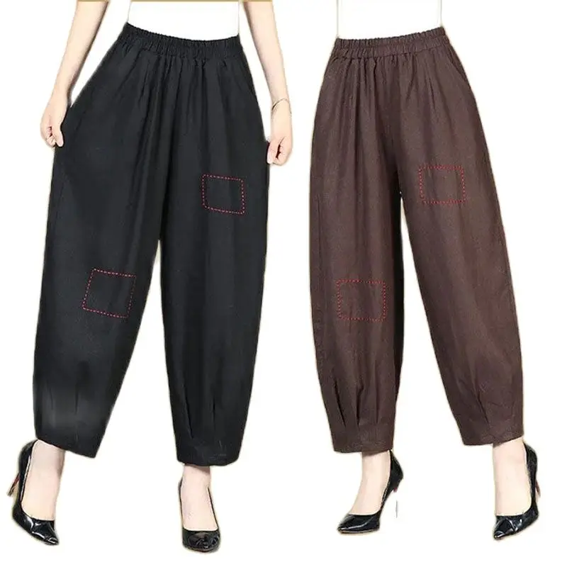 

Casual Women's Pants 2022 New Spring Summer Middle-Aged Elderly Mom Cotton Linen Elastic High Waist Washed Loose Wide Leg Pants