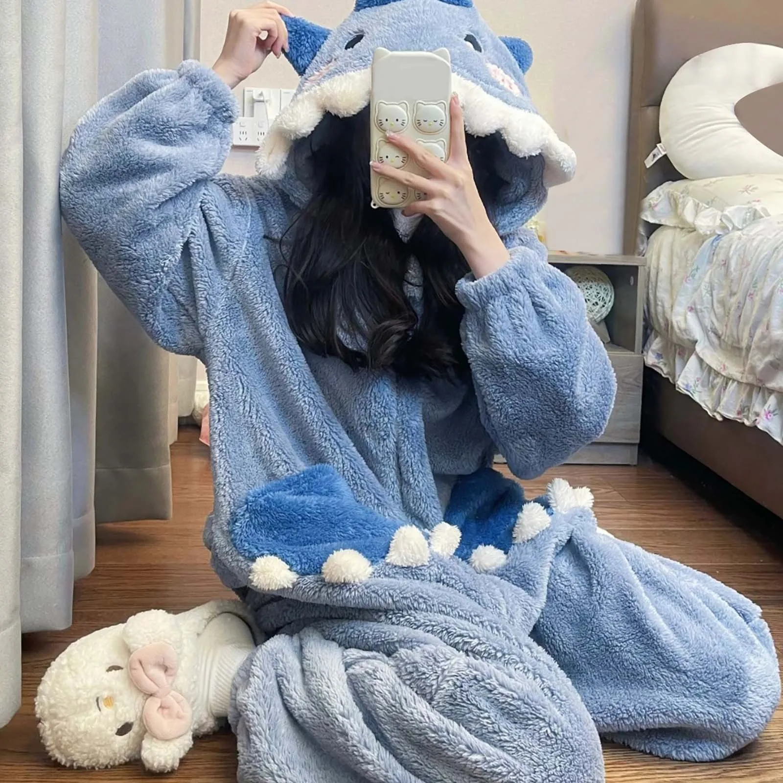 Женские пижамы с милой акулой и рисунком фланелевая одежда для сна капюшоном