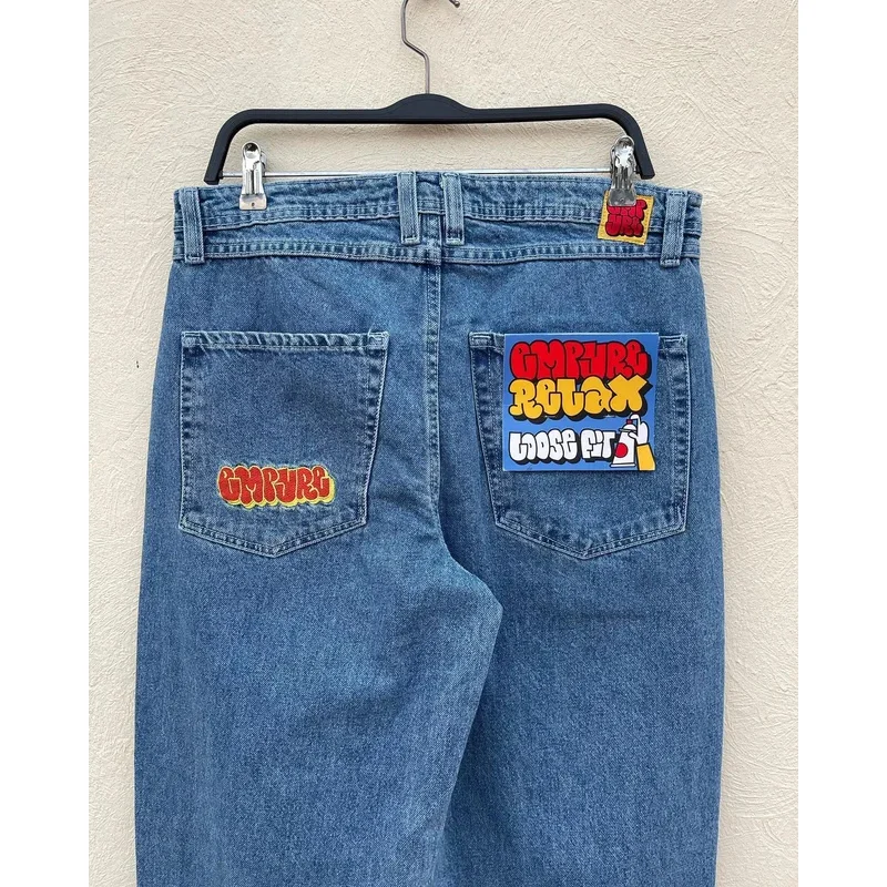 Джинсы Empyre Y2K в готическом стиле хип-хоп с вышитыми буквами ретро синие