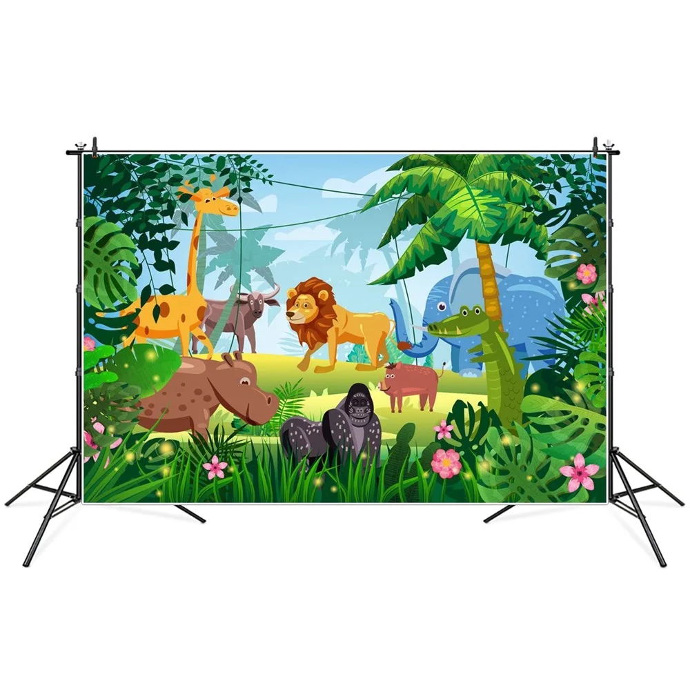 

Tropical Jungle Animals Safari Party Decoration Photography Backgrounds Custom Green Forest Baby Zoo Birthday Photo Backdrop