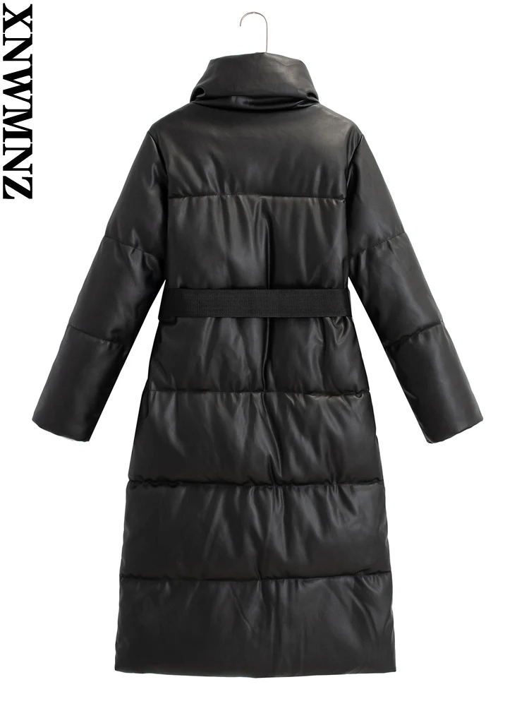 XNWMNZ 2022 Fall winter woman fashion Leather Long Thermal Padded Jacket with Belt women vintage parka faux leather cotton coat