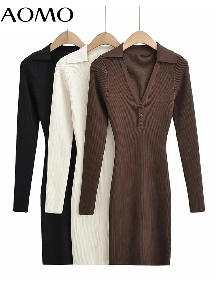 

Женское Короткое платье-свитер с отложным воротником и длинным рукавом