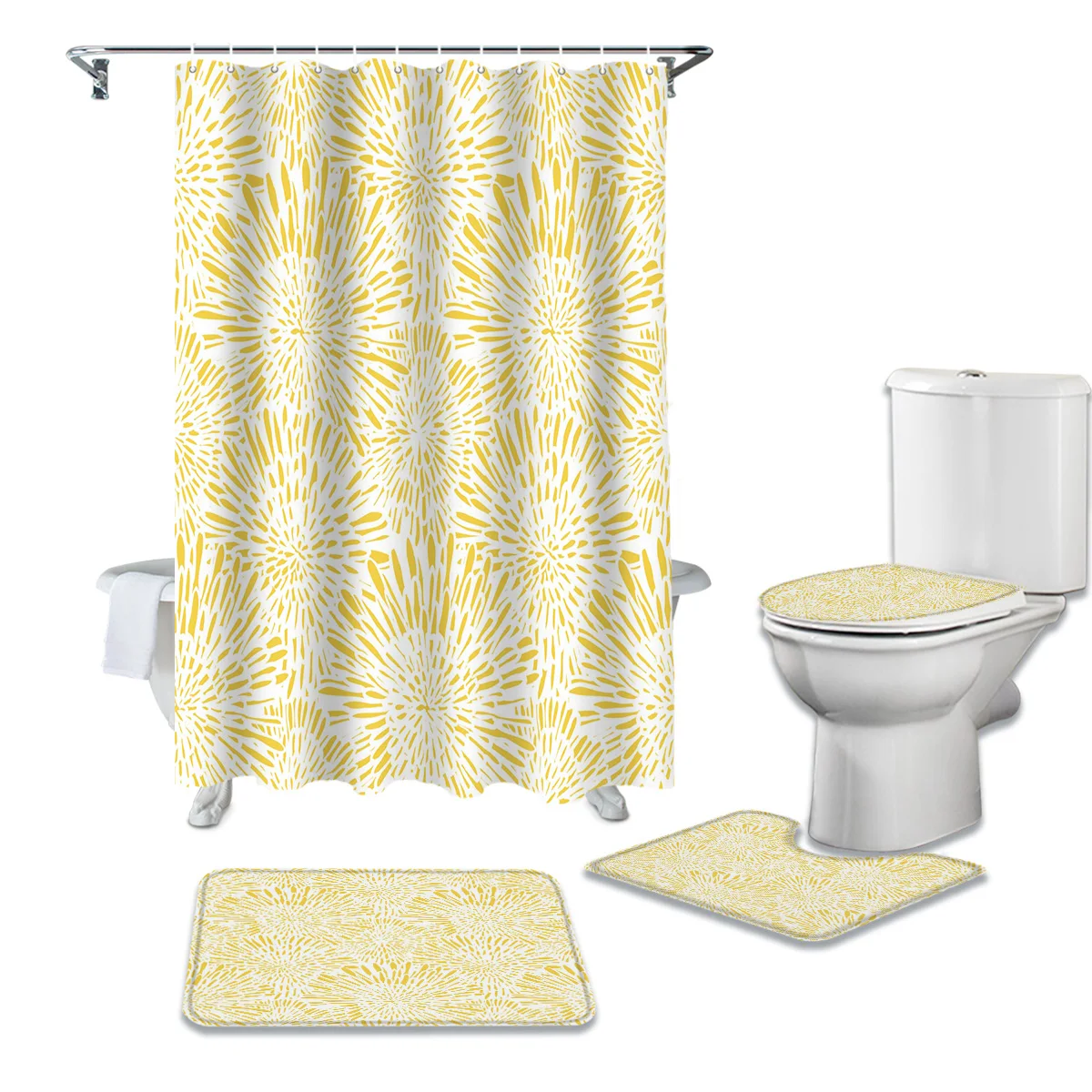 

Желтая занавеска для душа в ванную комнату с рассеянным фейерверком, коврик для ванной, набор ковриков, крышка для туалета, напольные коврик...