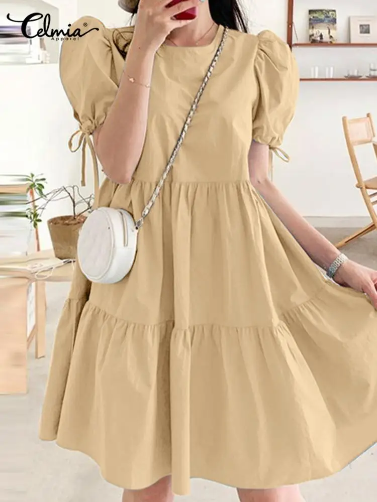 

Women Puff Short Sleeve Party Vestidos Celmia 2022 Summer Casual Loose Round Neck Mini Dress Elegant Pleated Stitching Sundress