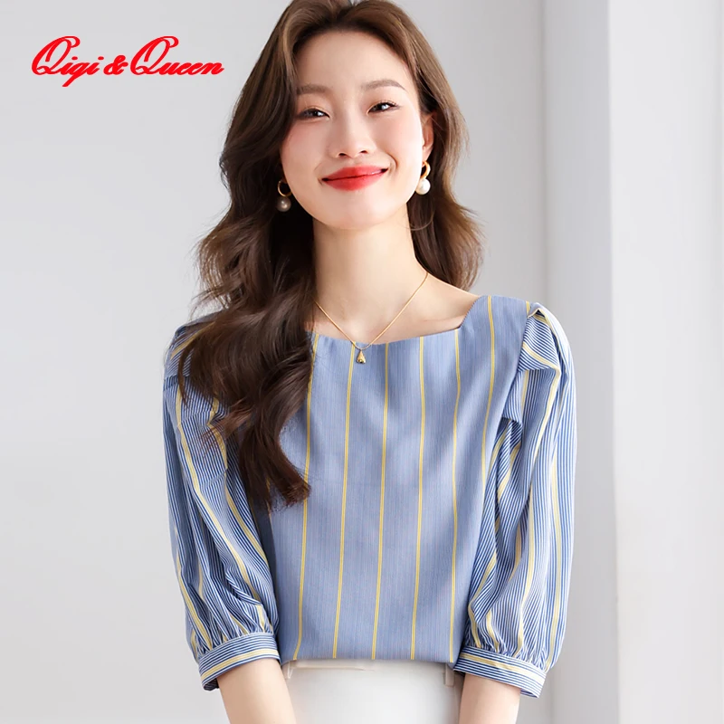 

Qiqi&queen Summer Iantern Sleeve Office Wear Work Tops Elegant Fashion Blouses Striped Shirt Women's Korean Style Casual Shirts