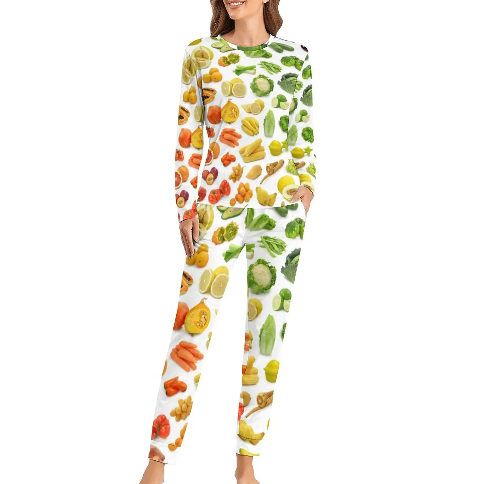 

Vegetarian Pajamas Fruits and Vegetables Trendy Pajama Sets Women Long Sleeve Night Nightwear Big Size 4XL 5XL