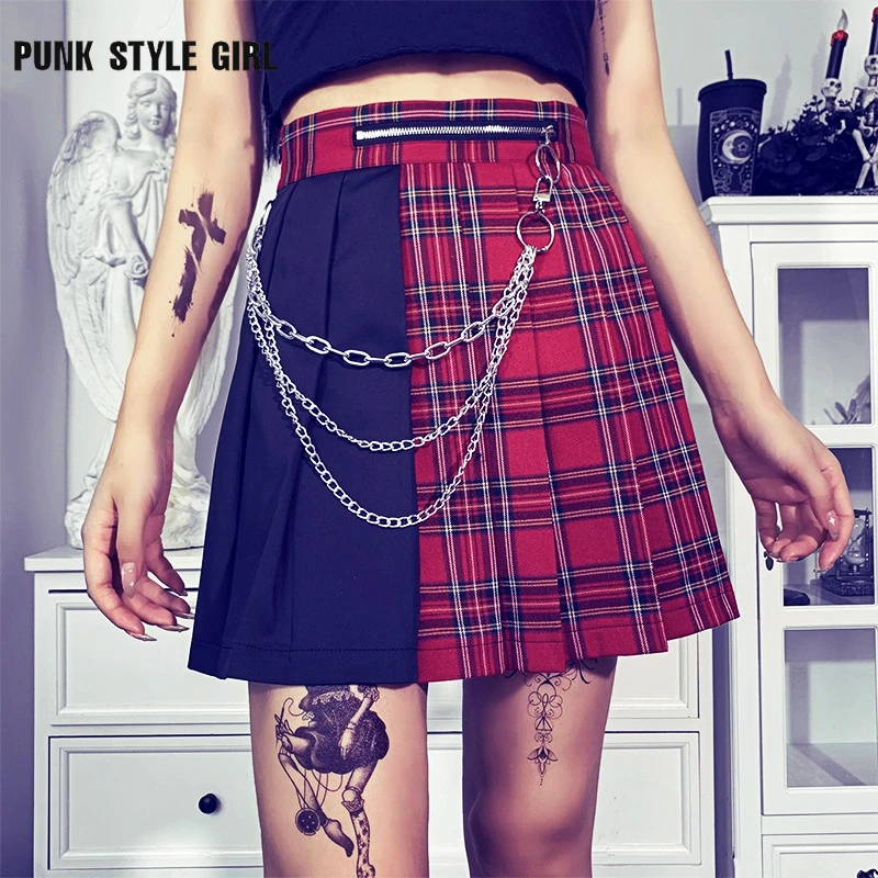 

Женская плиссированная мини-юбка Goth, красная клетчатая юбка в стиле панк, Харадзюку, черная юбка в стиле K-POP, скейтборд