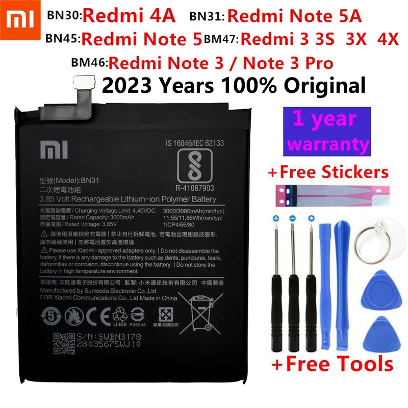 

Оригинальный аккумулятор Xiao Mi для Xiaomi Redmi 3 3S 3X 4X 3 pro Note 3 5 5A 4A Pro Mi 5X BM46 BM47 BN30 BN31 BN45, сменный аккумулятор
