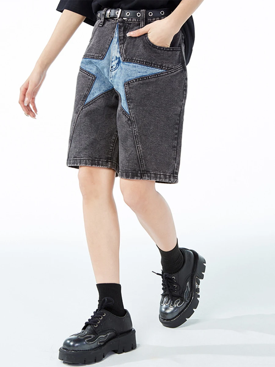 Summer Shorts Star Patch Embroidered Denim Shorts Men's Harajuku Street Hip-hop Stitching Loose Casual Jeans Oversized Shorts