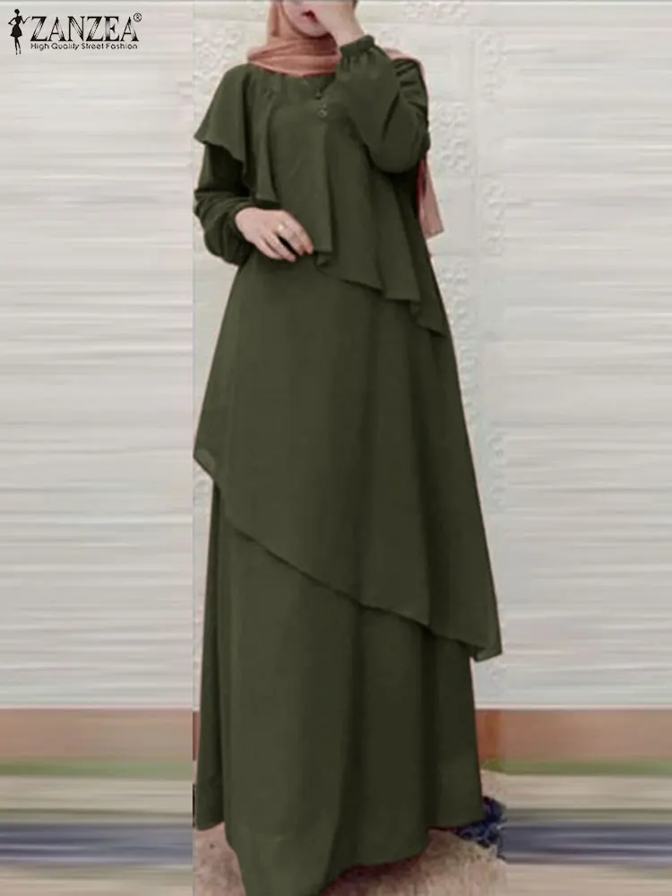 

ZANZEA Women Muslim Abaya Kaftan Dress O-Neck Full Sleeve Solid Color Ruffles Maxi Long Sundress Fashion Elegant Casual Robe