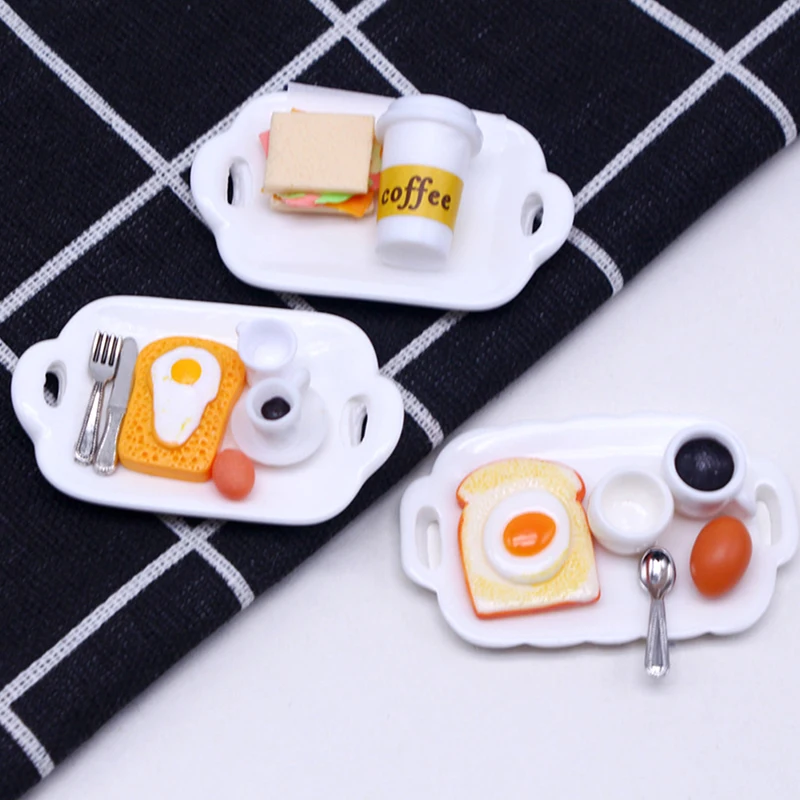 

1 Набор 1:12 миниатюрный кукольный домик для тостов, хлеба, кофе, яйцо, вилка, ложка с обеденной тарелкой, кухонные игрушки, модель на завтрак, украшение для кукольного домика