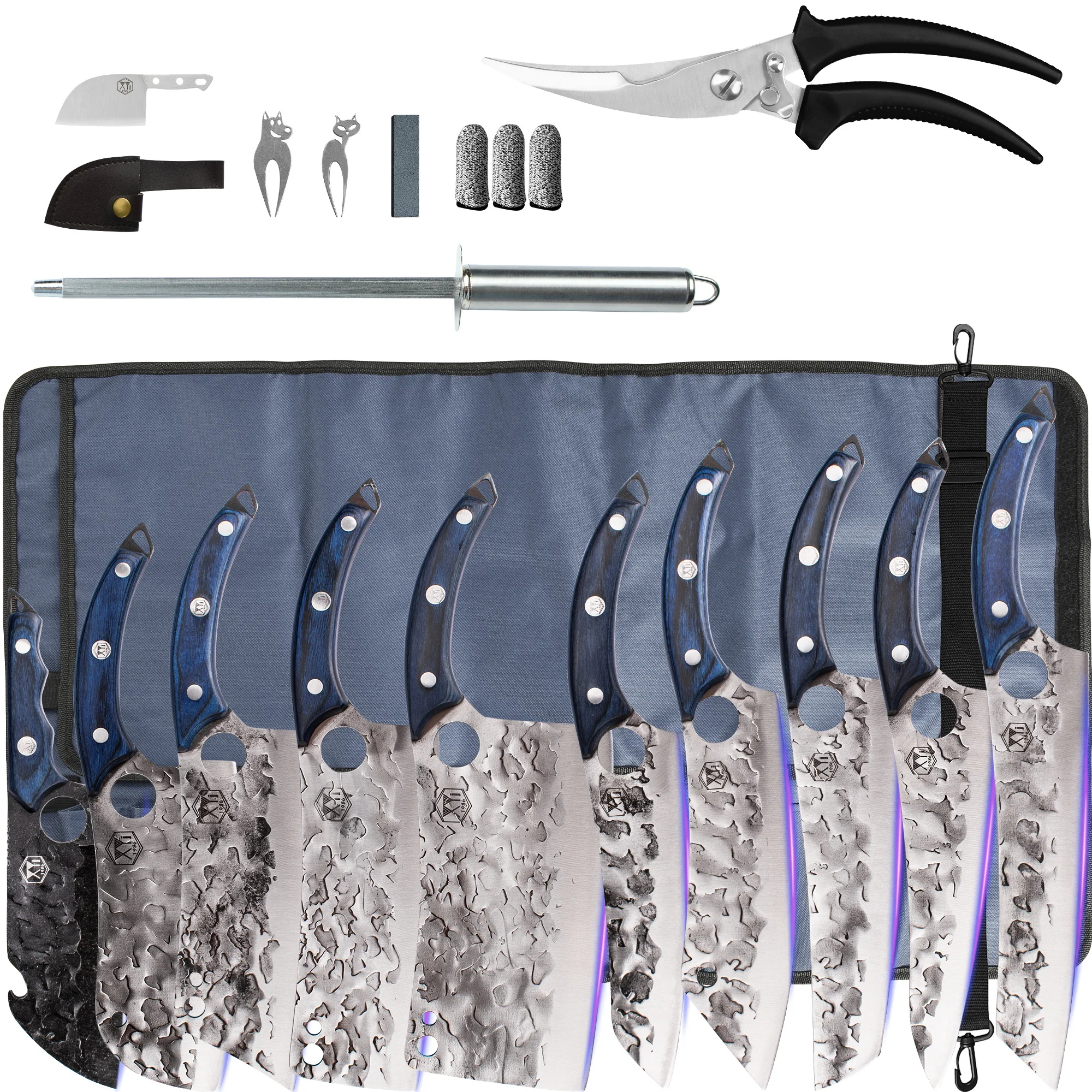 

XYJ 10pcs Portable Chef Knife Roll Set Non-stick Pattern Blade Stainless Steel Large Chef Chopping Cleaver Knives With Scissors